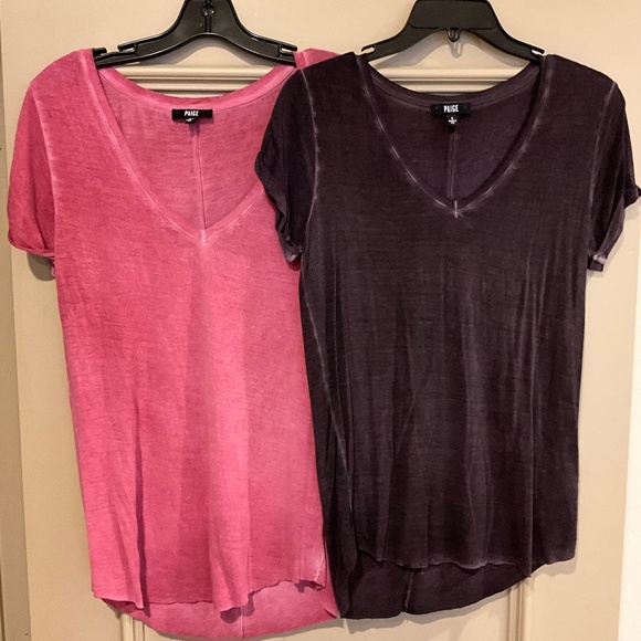 PAIGE Charlie Short Sleeve Stretch Tee Shirt Purple Small Deep V-neck Raw Edge - Picture 1 of 14